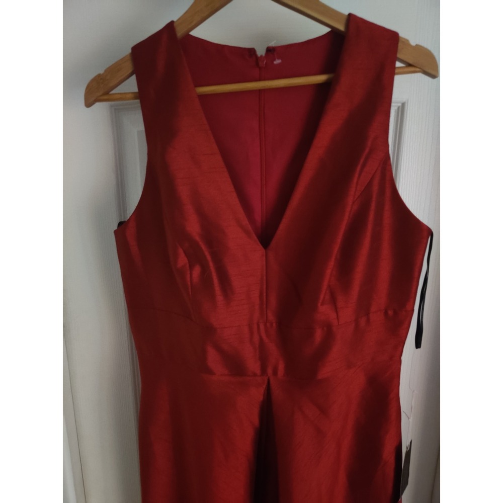 Alfred Sung Red Dupioni V-Neck Sleeveless A-Line Evening Gown Formal Dress - Picture 3 of 7